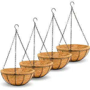 14 inch Metal  Baskets For  Outdoor 4 Pack Round Metal Wire  Basket Planter with Coco Fiber Liners Chain Round Wire  Holder for Garden, Patio, Deck, Porch  Flower Potss