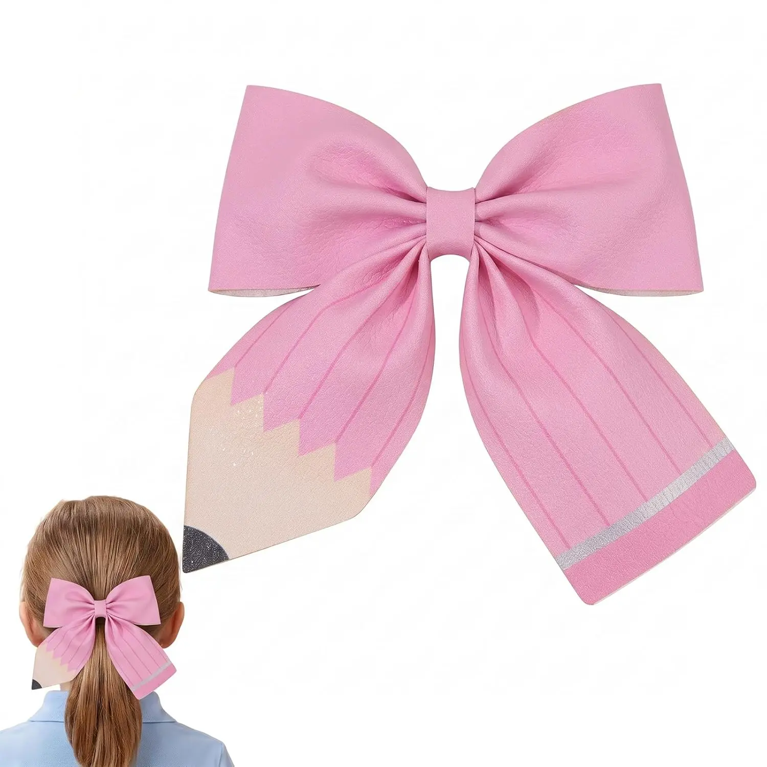 Cute Pink Pencil Hair Bow Clip, Back to School Hair Bow for Girls, Large Non Slip Barrette, Teacher & Kindergarten First Day Hair Accessory