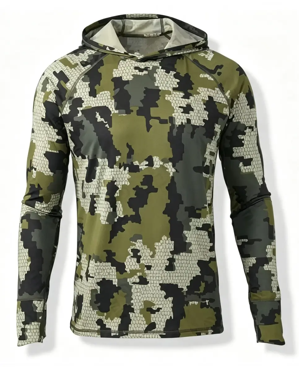 Men's Oversized Camouflage Ocean Design Hoodie - Multi-Piece Long-Sleeved Professional Fishing Top, Sun-Resistant, Breathable, Quick-Drying for Hiking, Camping