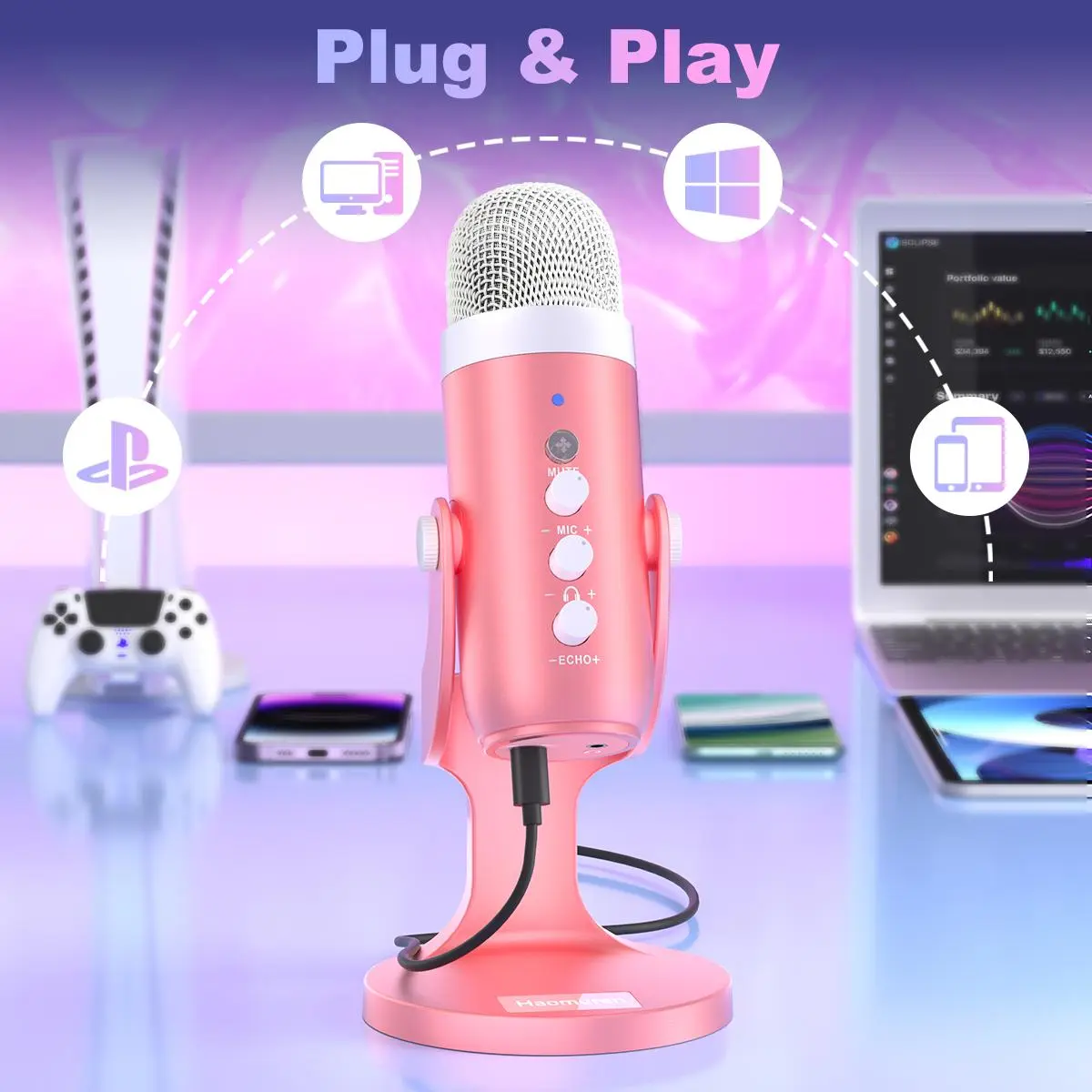 Haomuren K66 USB Condenser Microphone[No Lightning adapter],Computer PC Gaming Mic,Plug&Play Microphones for PS 4&5.Monitor Adjust&Volume Control,Mic Gain Control,Mute Button for TikTok,YouTube Podcast on Mac&Windows, gift for festival Audio Black