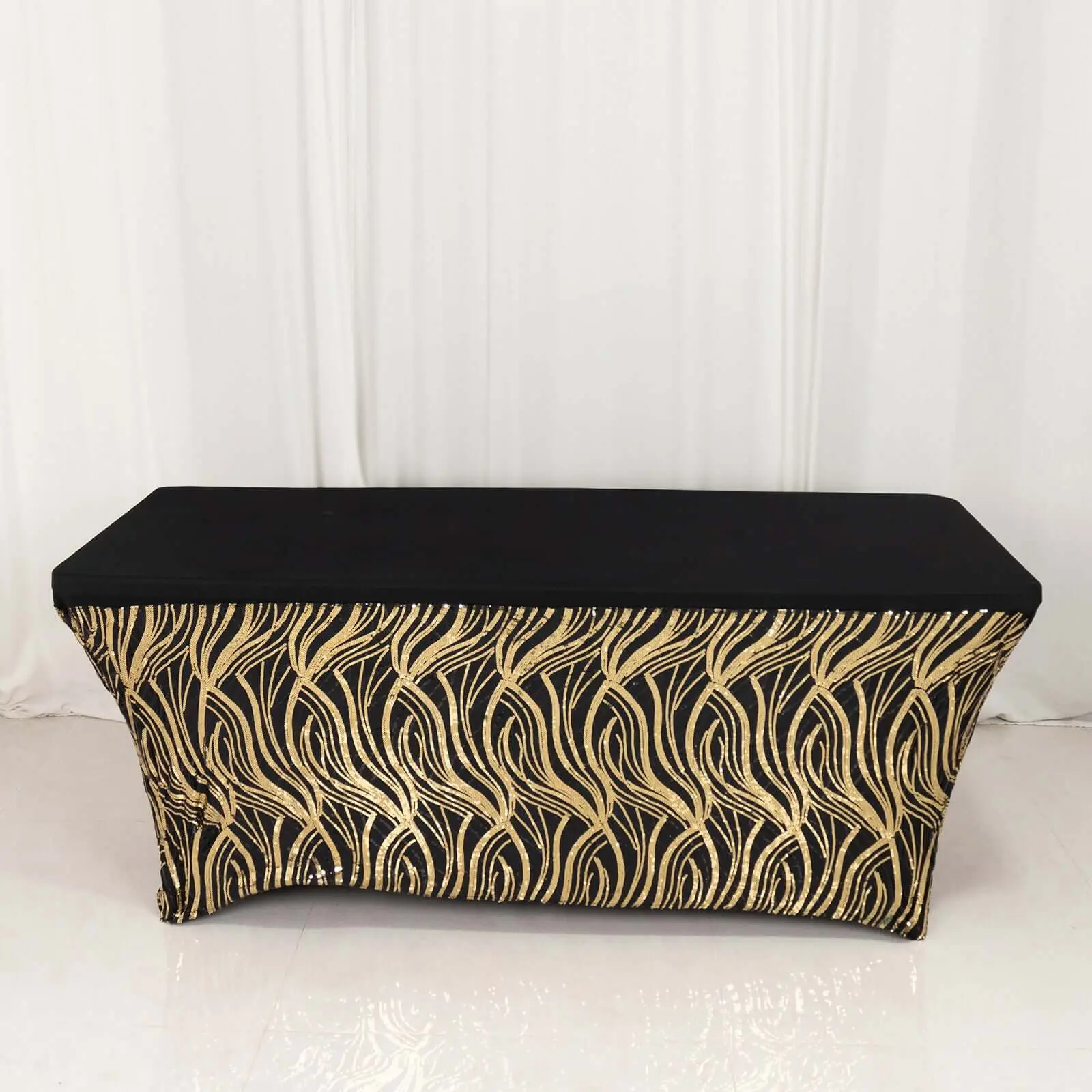 Sequin Stretch Spandex Rectangle Tablecloth 72"x30" Black Gold Wave Embroidered Design - Four-Way Stretch Shimmering Table Cover for Upscale Gatherings