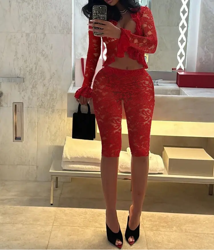 Don't Wait Up Lace Ruffle Trim Top Capri pants Combo