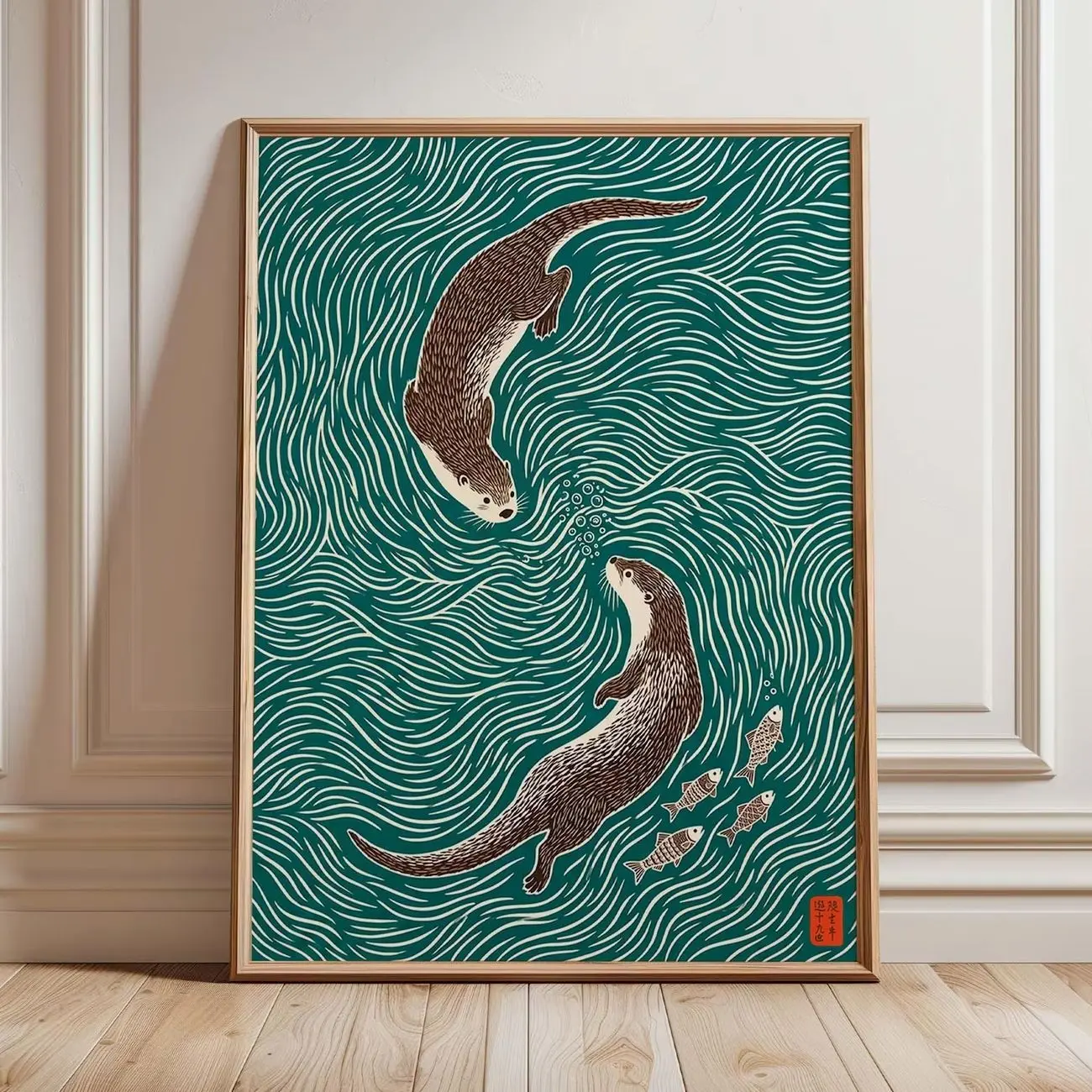 Otter Wall Art, Japanese Woodblock Style Wildlife Print, Teal Ocean Animal Poster, Coastal Decor | Unframed M