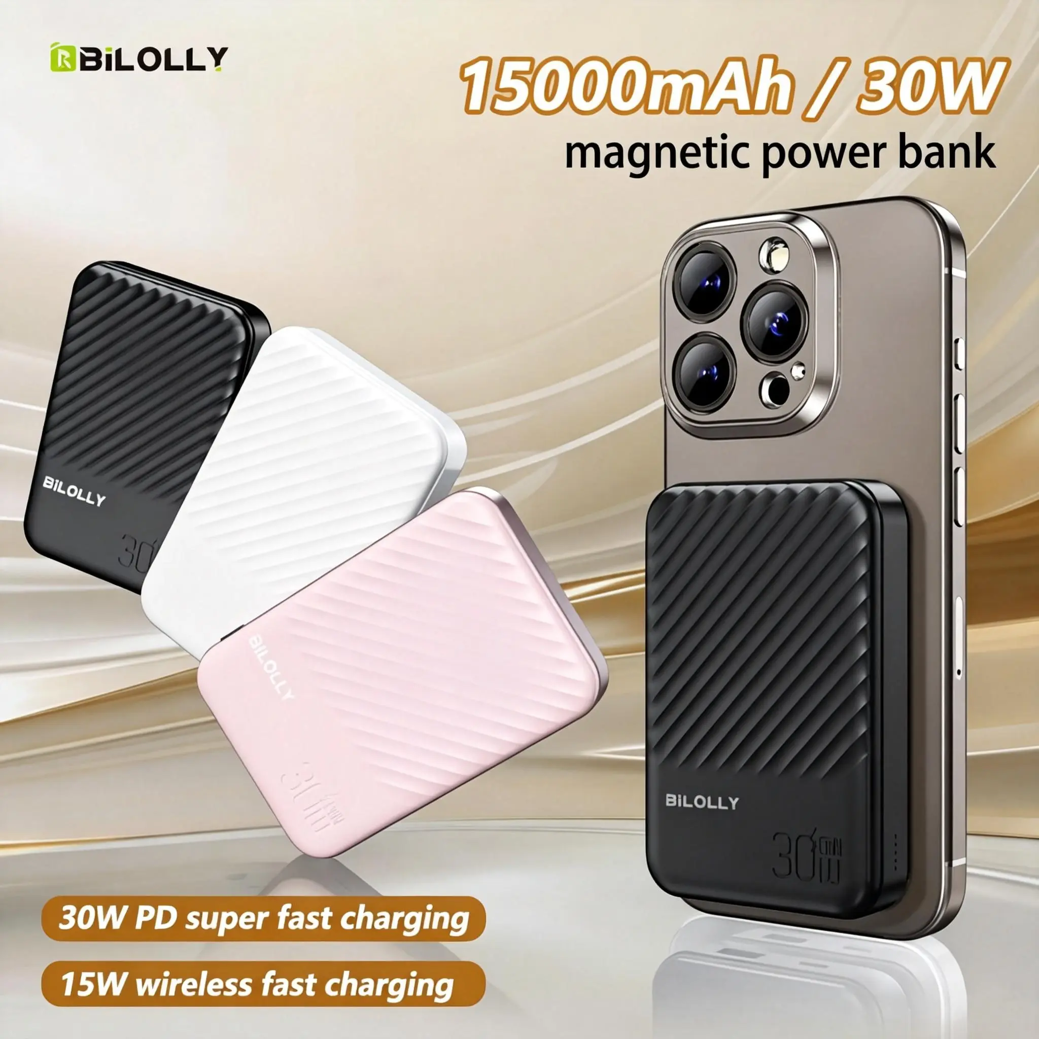 Magnetic Wireless Power Bank, 15000mAh Capacity with Magnetic Wireless Charging, Portable Phone Charger, Supports 30W PD Fast Charging and 15W Wireless Charging