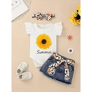 [2pcs Baby Denim Outfit] 2pcs Summer Baby Girl's Stylish Denim Skirt Outfit | Cap Sleeve Bodysuit & Hairband & Ripped Skirt Set | Toddler & Infant Clothes for Daily/Holiday/Party