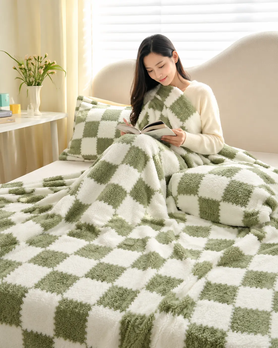 Fluffy Checkered Plush Throw Blanket with Plush Fabric and Soft Texture, 59x79 in Large Size for Couch, Bedroom Decor, Home Supplies Party Gift