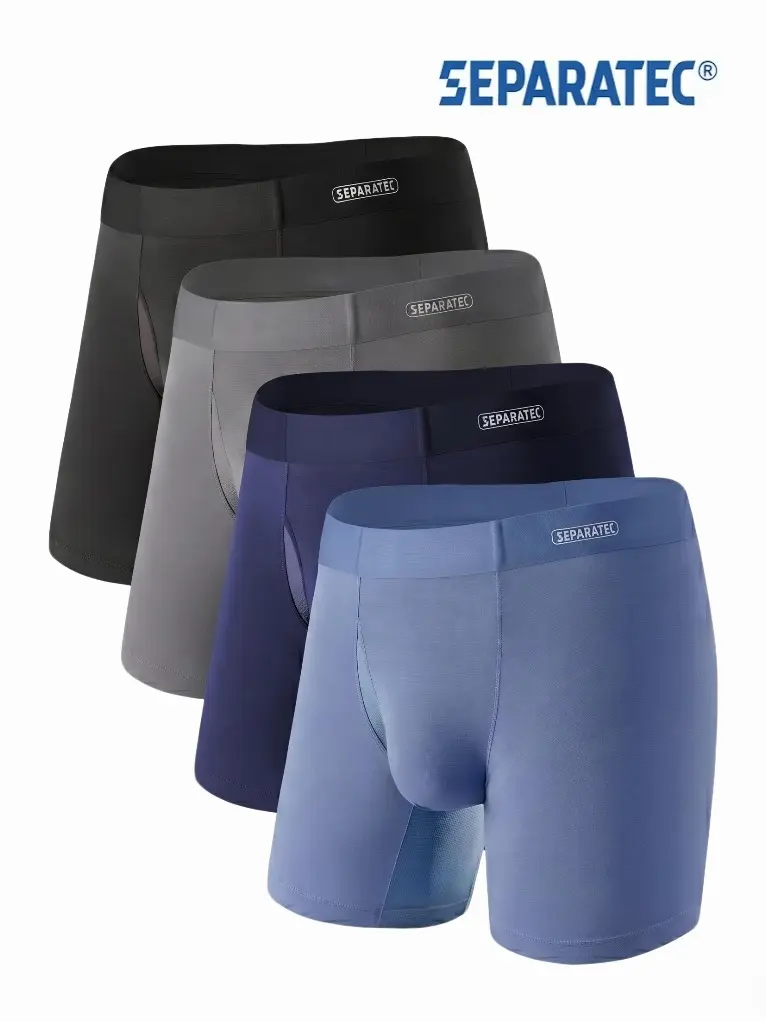 Separatec Men's Modal Boxer Briefs - 4 Pack, Menswear Underwear with Smooth Plain Fabric, Separate Pouch, Breathable Mesh, Seamless Waistband, Spandex Stretch, for Gym & Daily Wear