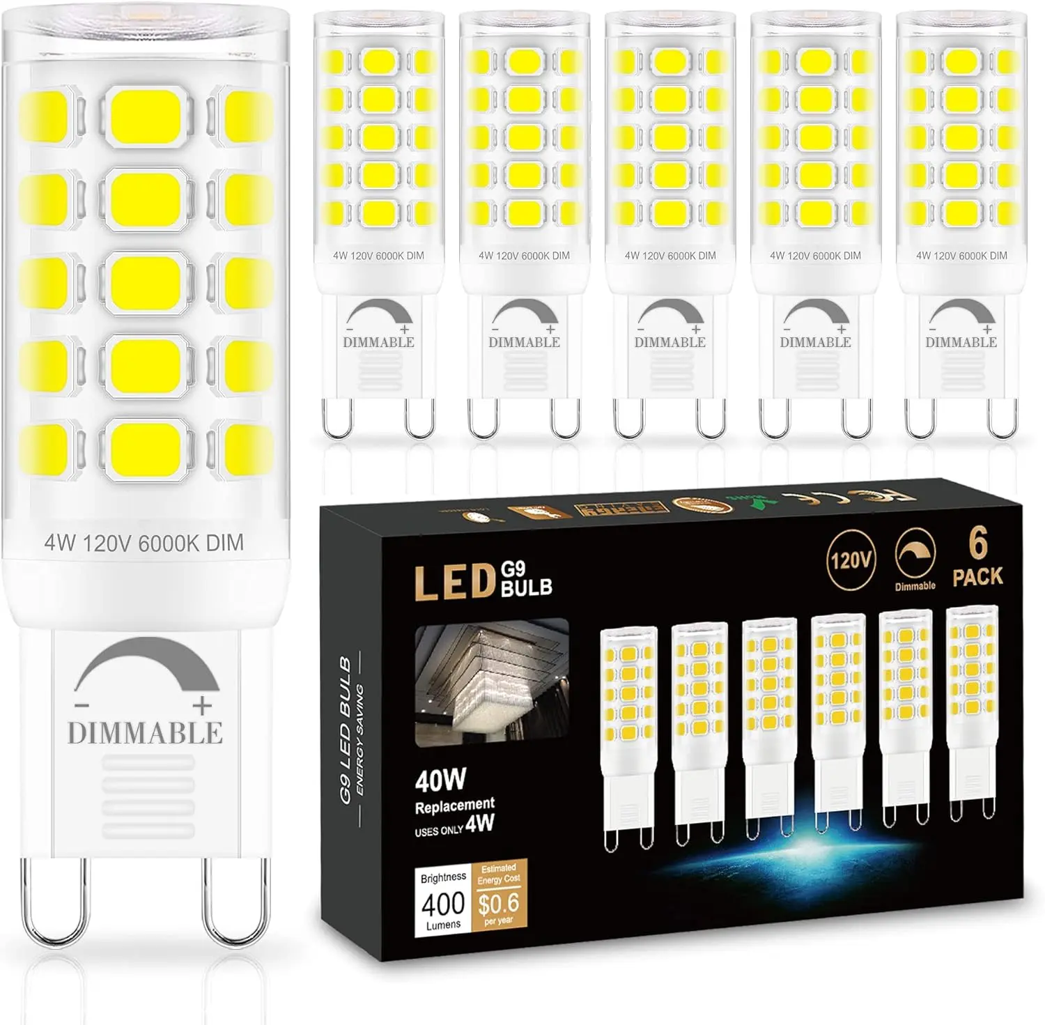 Dimmable G9 LED Bulb 4W (40 Watt Equivalent) Halogen 6 Pack 6000K| Bright Daylight, 120V T4 G9 Light Bulb, Bi-pin Base, 360°Beam Angle, 400LM, for Crystal Chandelier Wall Sconce Home Lighting