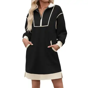 Wenrine Women's Oversized Sweatshirt Dress Half Zip V Neck Long Sleeve Contrast Fall Casual Mini Dresses with Pockets