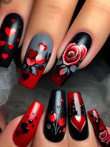 24pcs Coffin Press-On Nails, Valentine Red & Black Gradient with Rose & Heart Design, Full Cover Nail Set