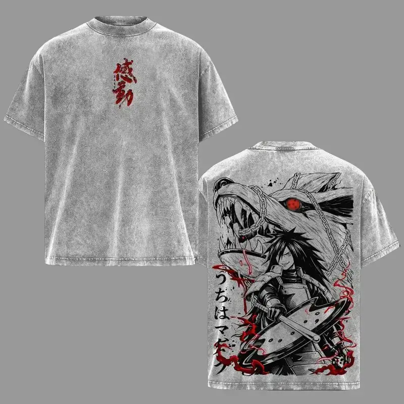 Menswear Madara Uchiha NRT Anime Vintage Washed Oversized Heavyweight Cotton Unisex Short-Sleeve Graphic T-Shirt, Japanese Manga Style, Streetwear, Pump Cover Top, Anime Fan Gift Crewneck Tshirt