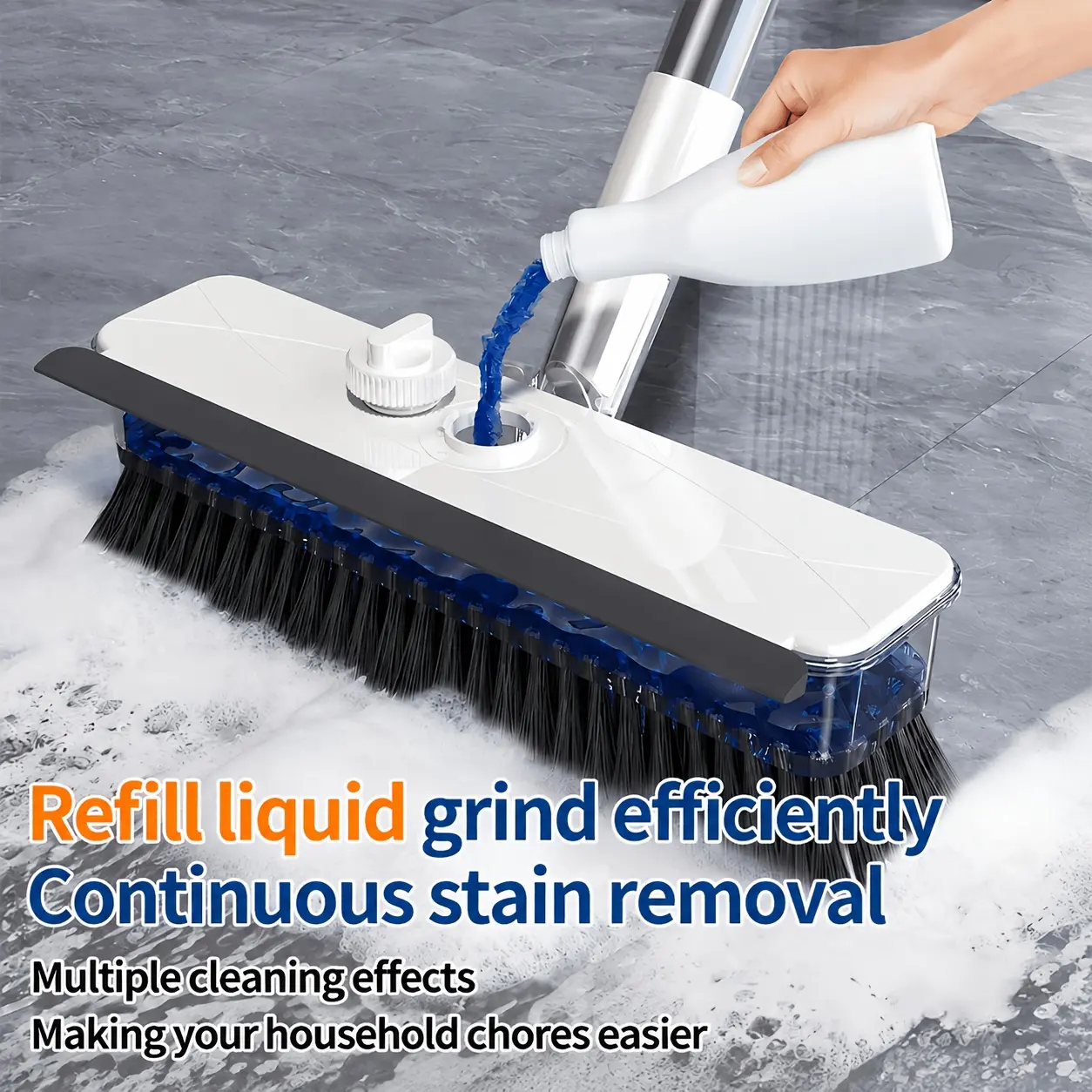 4-in-1 V-Shaped Floor Scrub Brush Household Tool with Liquid Storage Tank, Rotating Bristles, Built-in Squeegee, Dual-Sided Stiff Bristles for Bathroom Tile, Patio Deep Cleaning