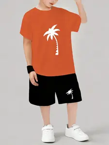 Boys' Palm Tree Print Set, Casual Fitted Track Shorts, Short Sleeve T-Shirt, Outdoor Fashion, Kids' Sportswear