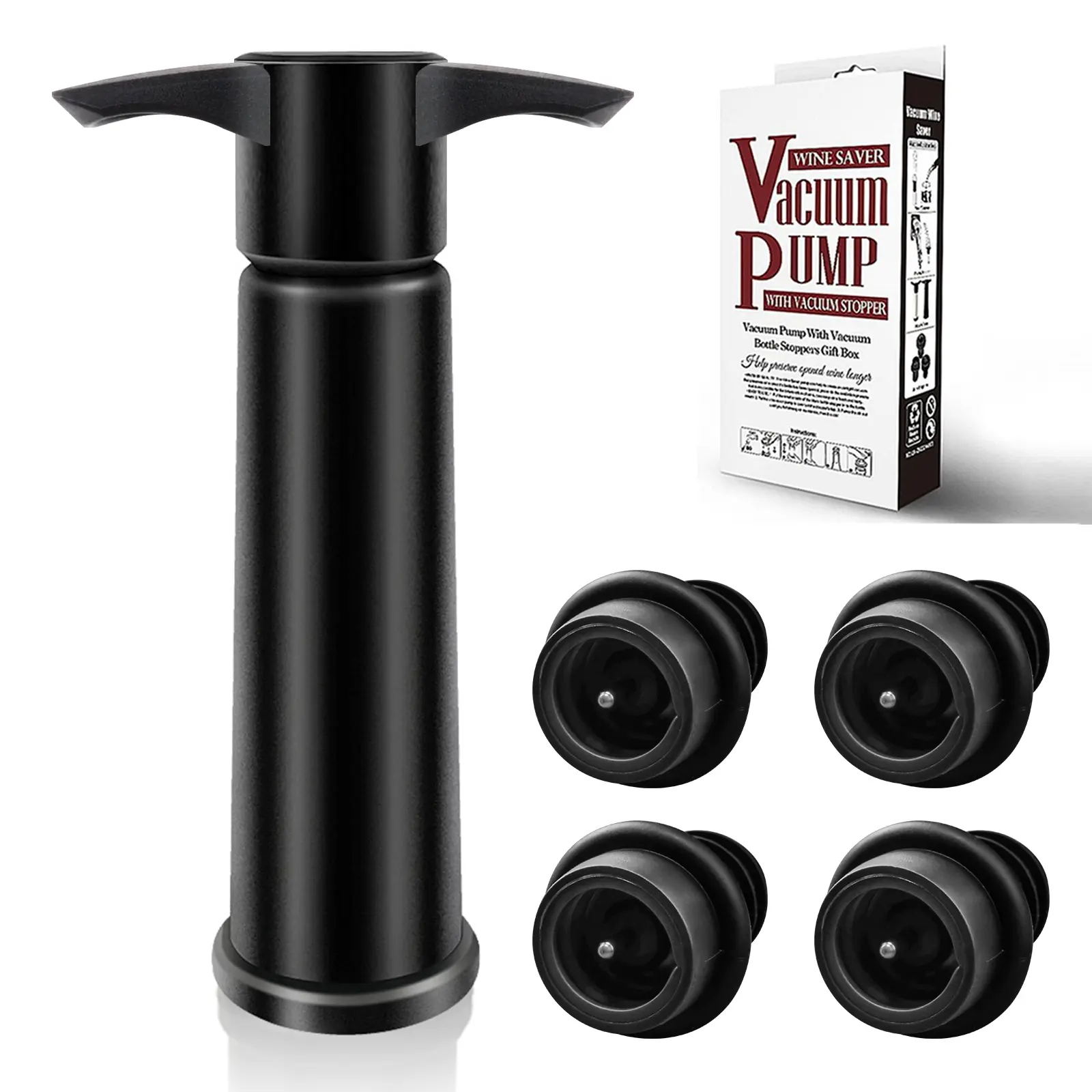 Wine Saver Pump with 4 Vacuum Wine Stoppers, Wine Bottle Stoppers with Food Grade Silicone Leak proof Keep Fresh Suitable for All Standard Wine Bottles wine bottle