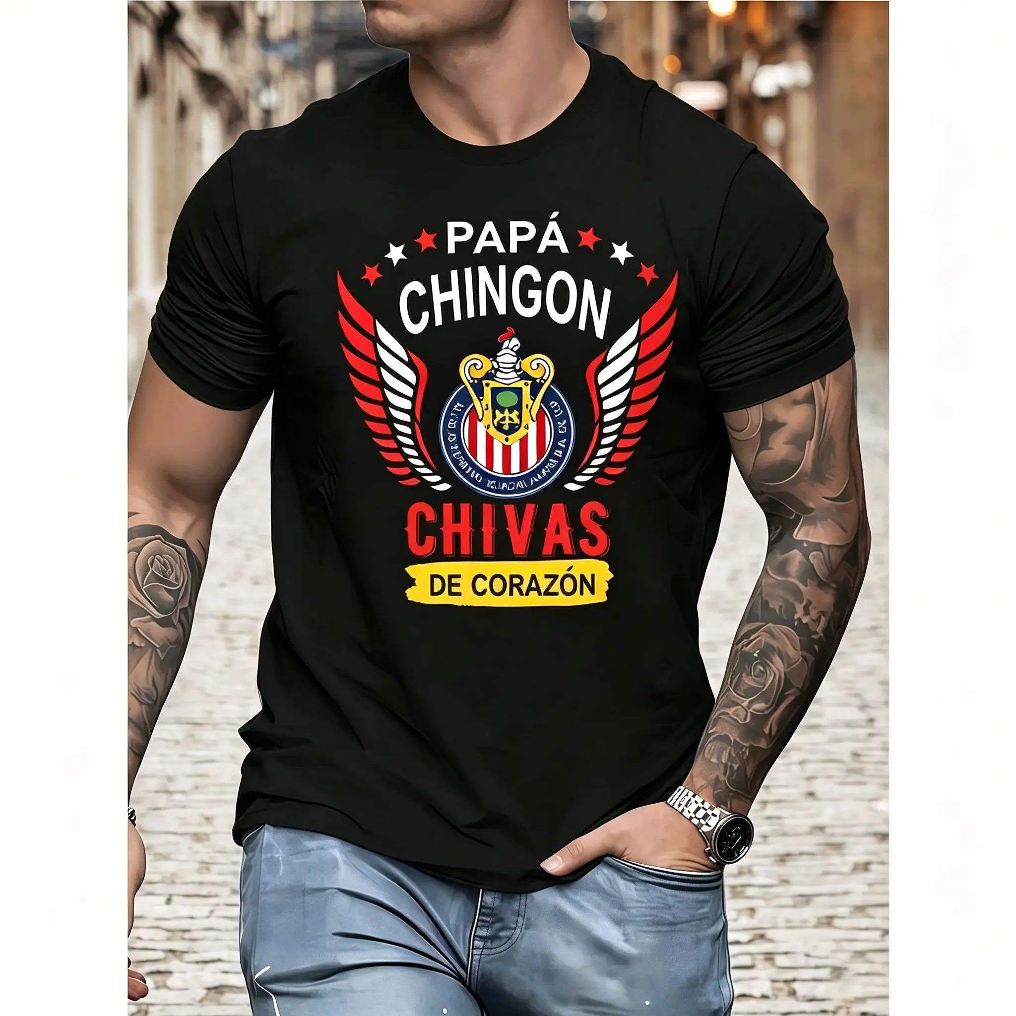Premium Cotton Men's Crew Neck Graphic T-Shirt - Digital Print Papá Chingón Chivas de Corazón Menswear, Casual Summer Streetwear Oversized Sportswear Top, Perfect Father's Day Gift for Soccer Dads
