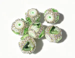 (NO. 151)Light Lime Green Heart Rhinestone Pearl Ball Beads - 6pcs, 18mm, Gold Frame, Costume Jewelry Beads for Keychains & Fashion Accessories