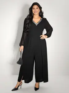 【Summer Turn-Up】BlOOMCHIC Plus Size Sequin Neckline Petal Flowy Hem Jumpsuit [1x-6x] 2026 Summer Pick for Mother's Day