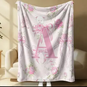 Pink Coquette Initial Letter Throw Blanket, Soft Fuzzy Plush, Teddy Bear & Rose Floral, Girly Bow Print, Lightweight for Couch Bed Office, All Seasons, Aesthetic Room Decor, Perfect Gift