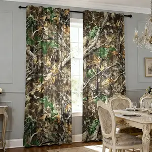2 pieces of high-definition digital camouflage forest and tree pattern curtains, made of polyester with semi-transparent texture, machine washable, suitable for bedrooms, living rooms and home decoration as curtains