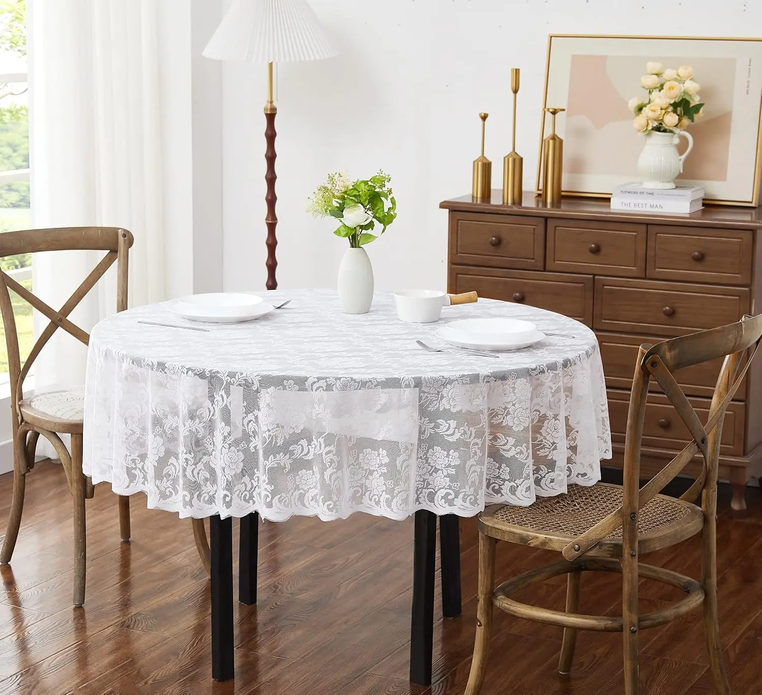 48 Inch Vintage White Round Tablecloth.(Mia 48 Round, White)| Lace Tablecloth and Lace Table for Rustic Decor.Great For Wedding, Halloween, Thanksgiving or Christmas Tablecloth.