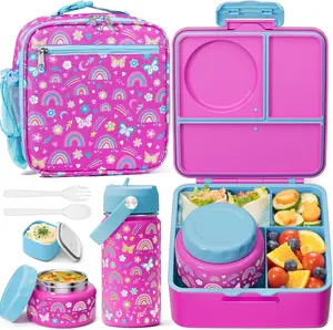 Bento Lunch Box with Thermos, Leakproof  Bento Box with 8.5 OZ Insulated  Jar, Lunch Bag,  Water Bottle, 3 or 4 Compartment Container for  to School  Girls Boys