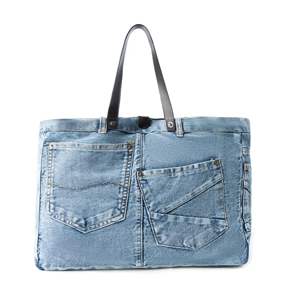 Women's Myra Billyjean Western Vibe Denim Blend Tote Bag - Denim Blue, Leather Detail, Leather Strap, Pocket Detail, Multi-Compartment, Zip Closure, Fashionable Bags, Casual