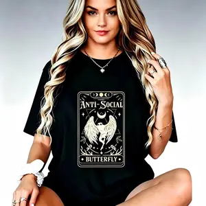 Mothman Tarot Card Sports Top - Antisocial Butterfly Cryptid, Red Eyed, Loose Fit, Round Neck Day T-Shirt