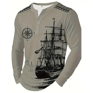 Men's Vintage Nautical Ship 3D Print Long Sleeve Henley Shirt - Stretch Casual Top with Compass & Rope Details, 2026 New Arrival