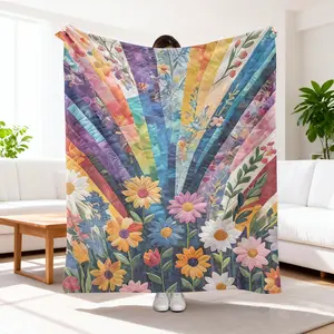 Colorful Printed Floral Blanket, Patchwork Look, Soft Flannel Throw Blanket, Cozy Home Decor, Gift for Men Women
