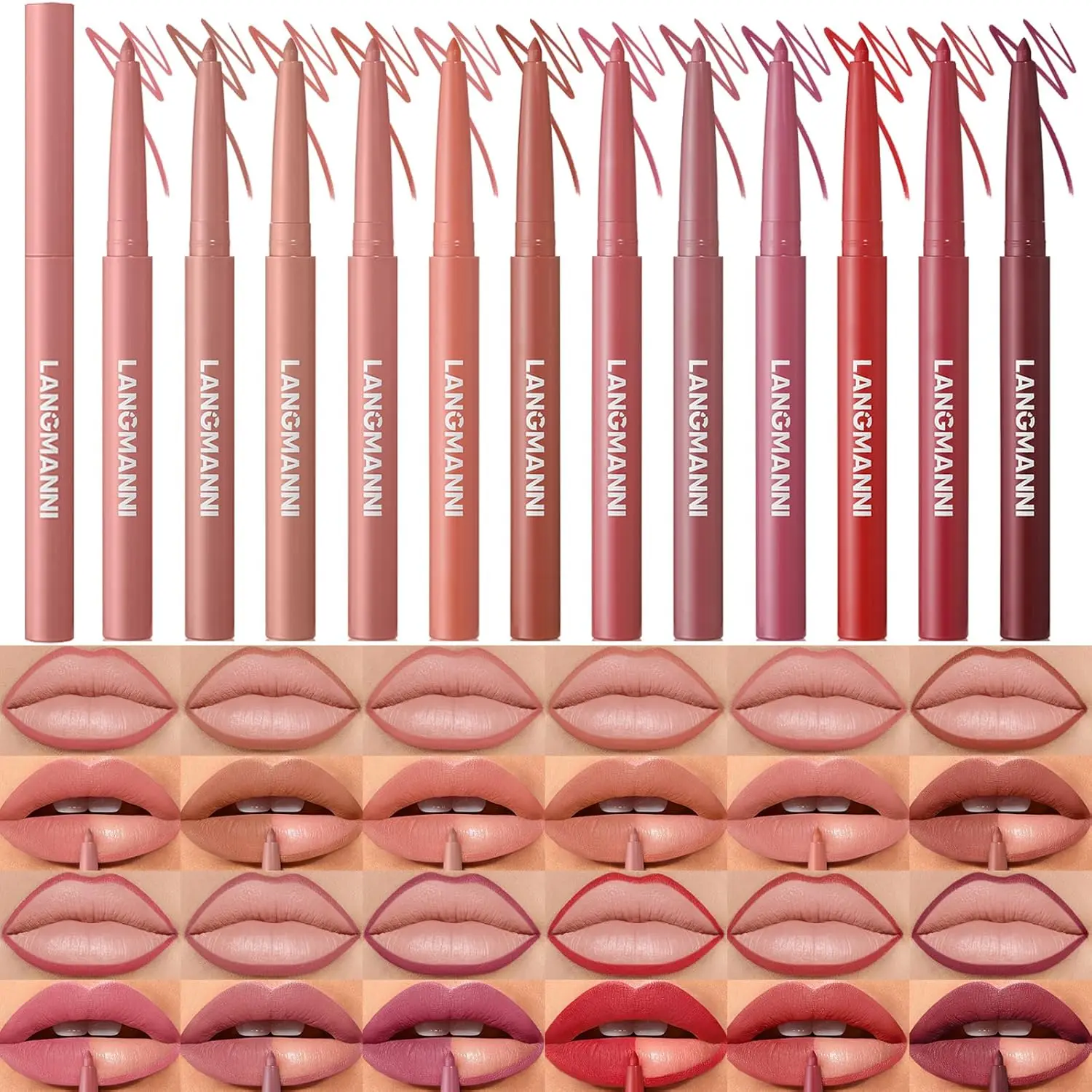 LANGMANNI 12 Colors Sculpting Matte Velvet Lip Liner Set Smooth Creamy Texture Waterproof High Pigmented for Girls Daily Application Lip Makeup Flawless Eyeliner Lipliner Cosmetic