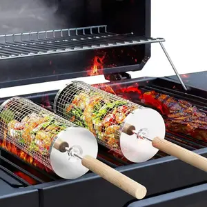 ivtivfu Grill Basket Set 2PCS with Removable Beech Wood Handle 304 Stainless Steel Heavy Duty Rectangular & Hexagon BBQ Tools for Vegetable Shrimp Outdoor Camping Kitchen Barbecue Cooking Gifts for Men Dad Husband - Utensils Cover