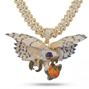 Iced Out Flying Large Eagle Pendant,Solid Metal with Multi-Color Cubic Zirconia, Gold Plated Hip Hop Statement Charm Necklace for Men