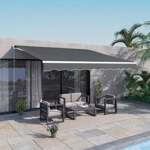 12' x 10' Electric Retractable Awning Sunshade Shelter with Remote Controller & Crank Handle for Deck Balcony Yard Gray 270gsm PU-coated Polyester Fabric UV Protection