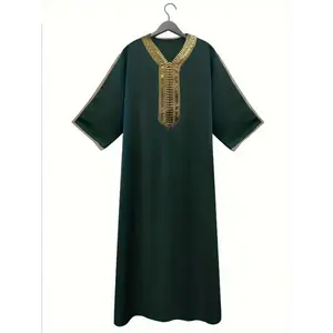 Men'S Vintage Polyester Burqa Robe - Solid Color, Three Quarter Sleeves, Loose Fit, Woven Fabric, No Belt indian wedding outfits indian topee Casual