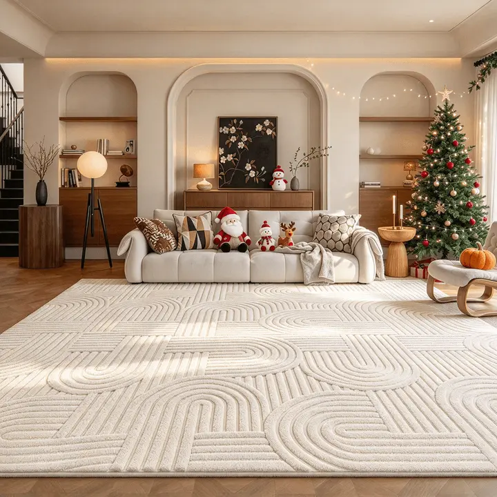 Modern Cream 3D Textured Area Rug - Minimalist Geometric Arch Pattern Carpet for Living Room, Soft Plush & Stylish Home Decor, Boho Neutral Floor Rug