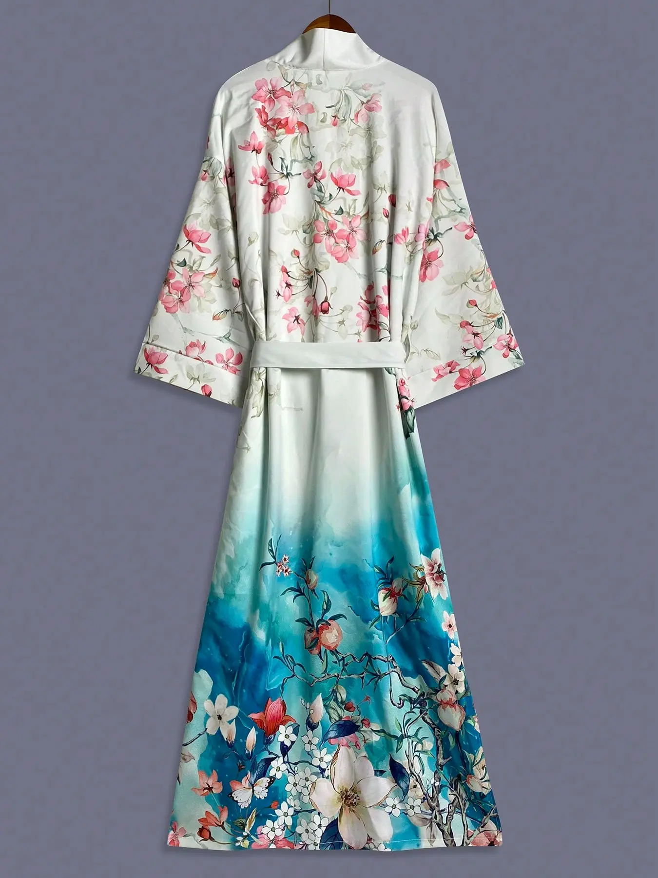 Elegant Boho Mint Floral Print Long Sleeve Kimono Cardigan Womenswear, Soft Lightweight Fabric Beach Cover-Up, Casual Home Loungewear Bathrobe with Split Hem