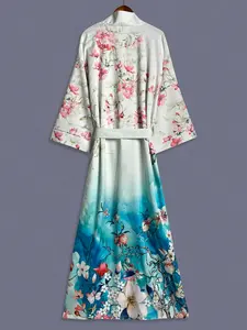 Elegant Boho Mint Floral Long Sleeve Kimono Cardigan, Soft Lightweight Beach Cover-Up, Casual Home Bathrobe with Split Hem