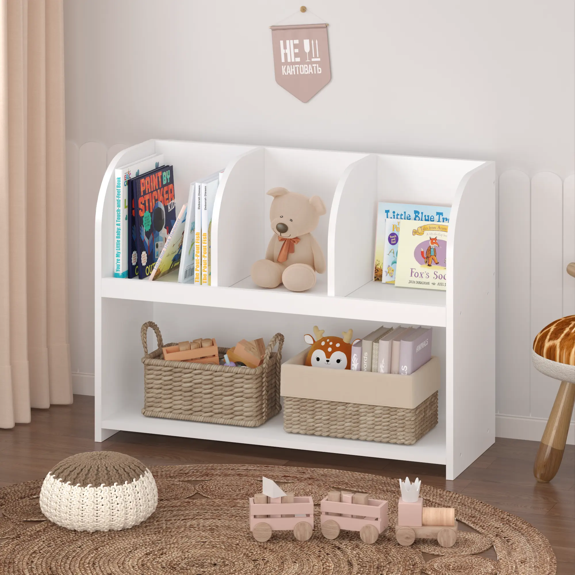 Dreamzon Furniture 4-Compartment Density Board Bookcase - Contemporary Indoor Storage Display Organizer, Easy Assembly Nursery Room Rack with Safety Buckle, No Harmful Effects, Mdf Board