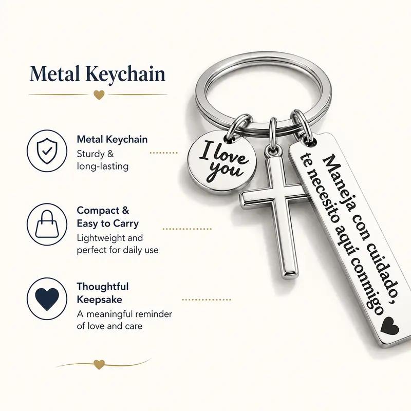Minimalist Unisex Anti-Rust Stainless Steel Spanish Drive Safe Keychain Set - Spanish Engraving, Sentimental Text, Black Cross, "I Love You" Charm, Adjustable Heart Rate Bracelet, Rectangular Tag, Couple Gifts, EDC Automobile Gear, Daily Wear