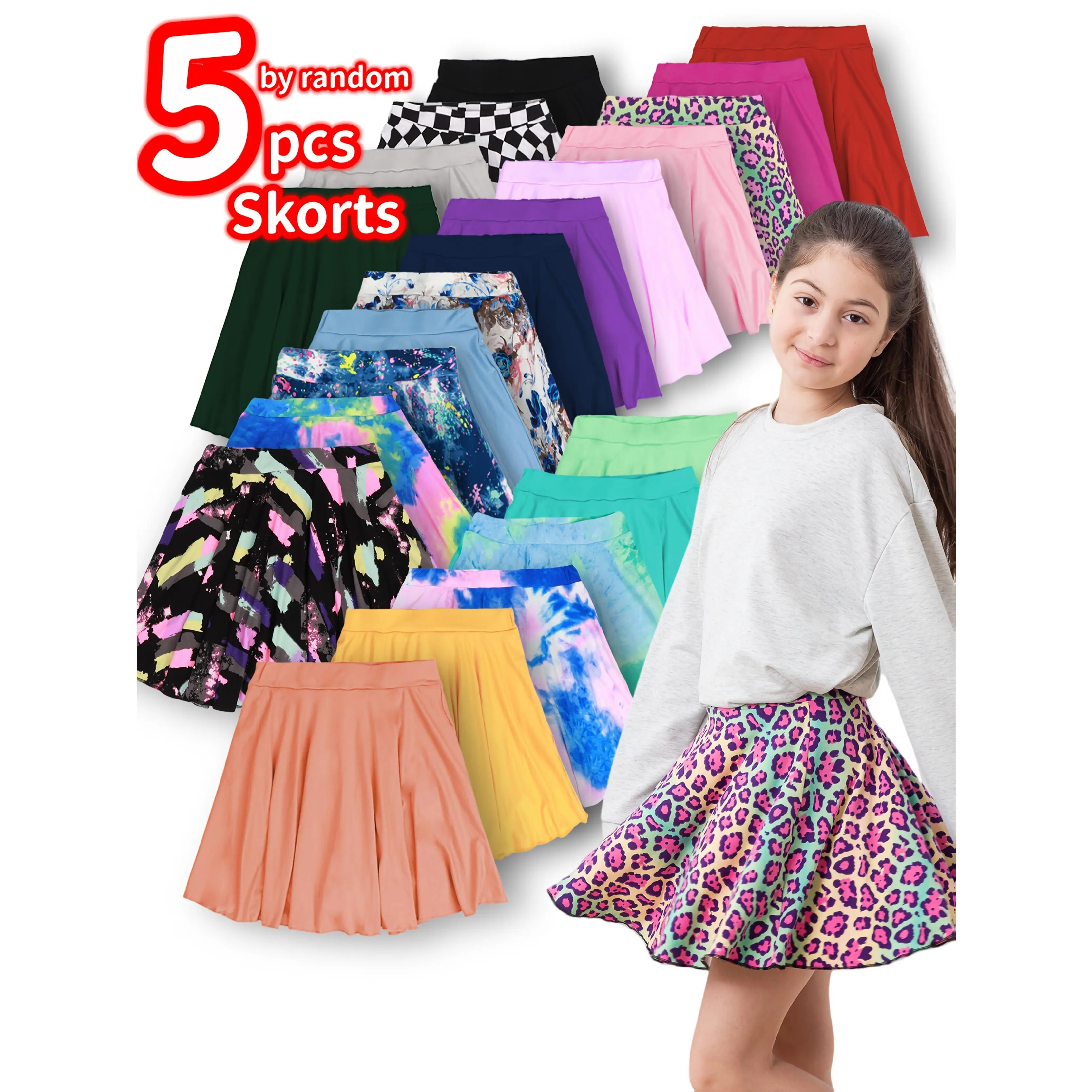 Girls' 5-Piece Active Wear Skorts, Cute Multicolor Tiered Skirt Set with Elastic Waistband for School & Play, Elastic Skirt, Sweet, School-Ready, Tiered Layer, 4-5Y, School Wear