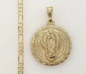 Plated Virgin Mary 4mm Figaro Chain Necklace