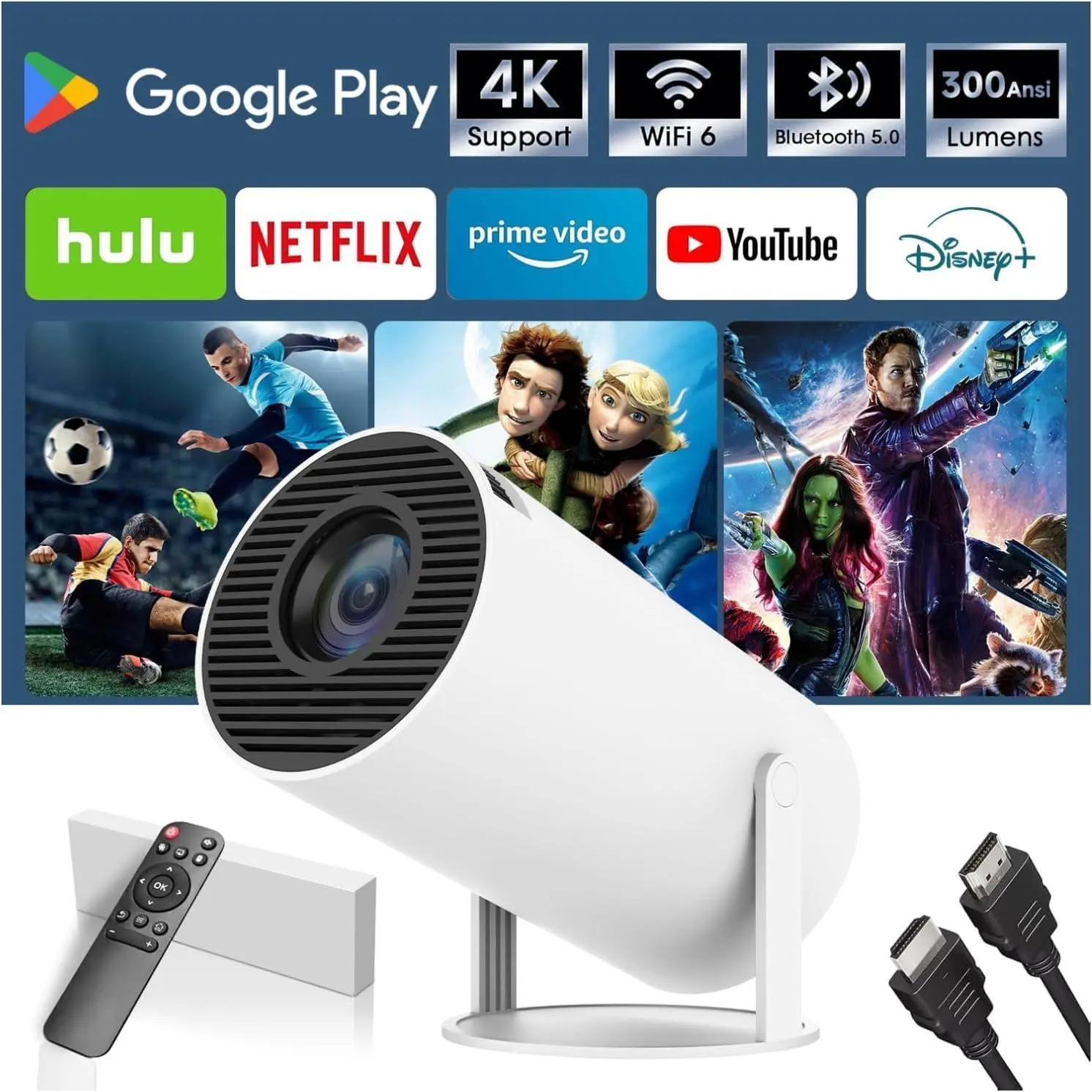 1080P Projector with Android 11, 300 ANSI Home Theater Projector, 4K Support, 30-130" Display, WiFi 6, BT 5.0, Portable Movie Projector Compatible with Smartphone, HDMI, USB