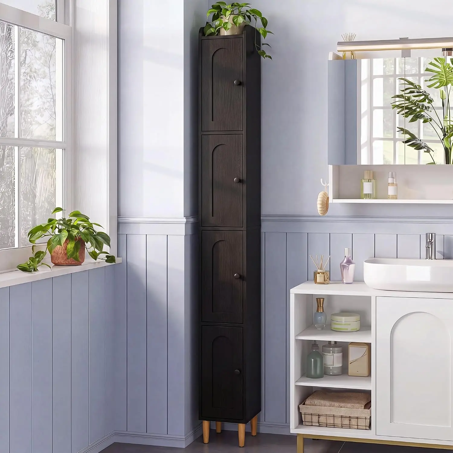 LAUSAINT HOME Tall Narrow Storage Cabinet, Slim Bathroom Storage Cabinet with 4 Shelves,Freestanding Bathroom Organizer for Small Spaces, Kitchen, Laundry Room, Living Room, Black