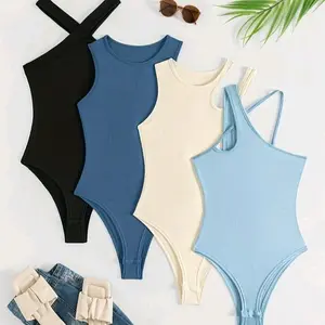 Women's Solid Color Bodysuit - Casual Sleeveless Bodysuit for beach summer vacation, clothes for all seasons - Tops, womenswear, comfortable, any day wear, stretchable