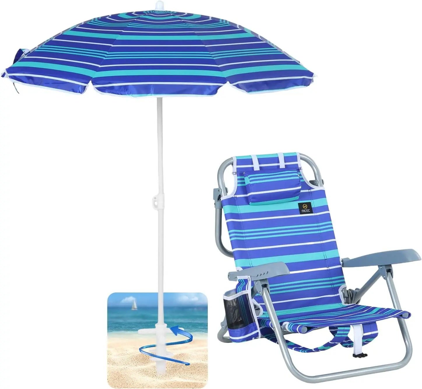 Nice C Kids Beach Chair with Umbrella, 5 Position Reclining Backpack Folding Chair with Cup Holder for Beach, Camping and Picnic