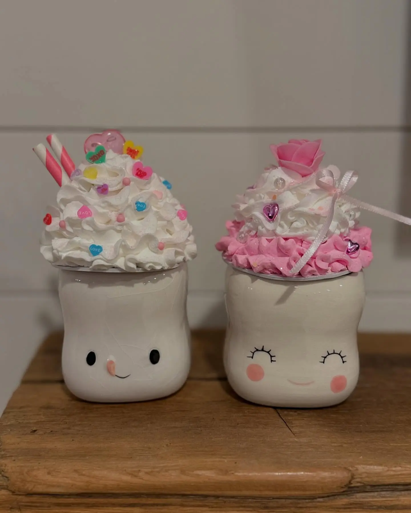 Valentine / Coquette Pink Rose or Conversation Hearts  Faux Whipped Cream Mini Mug Toppers for Marshmallow or Espresso Mugs