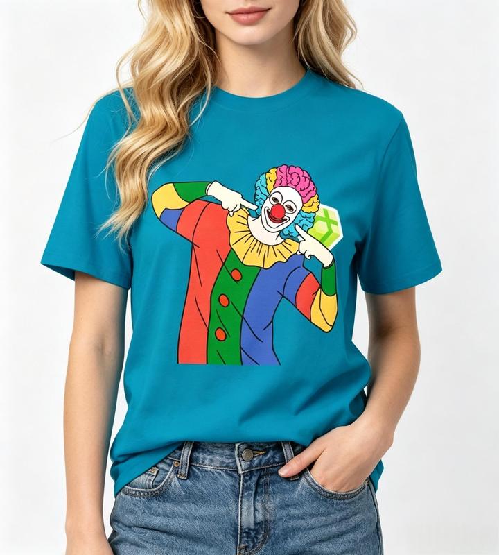 Women's Fitted Blue Cotton Crew Neck Tshirt - Classic Retro Circus Clown Pointing Graphic, Casual Short Sleeve Style Top for Beach Carnival #sohochic