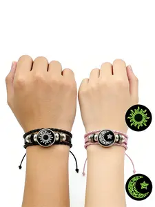 2 Pcs Glow In The Dark Sun Moon Snap Button Couple Bracelets Black Pink Multilayer Woven Leather Bracelet Set