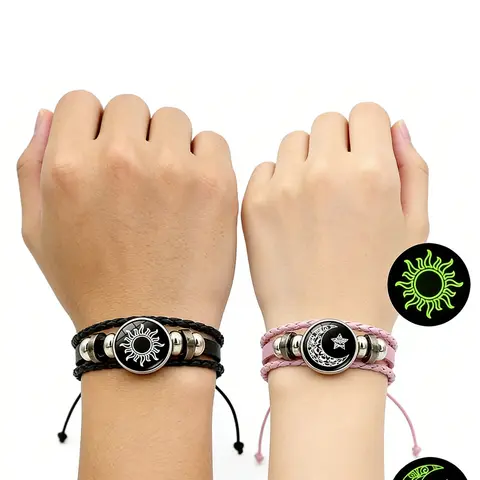 2 Pcs Glow In The Dark Sun Moon Snap Button Couple Bracelets Black Pink Multilayer Woven Leather Bracelet Set Moon Buckle Design Stackable Bracelets Fashionable Couple Bracelet Bracelet For Couples