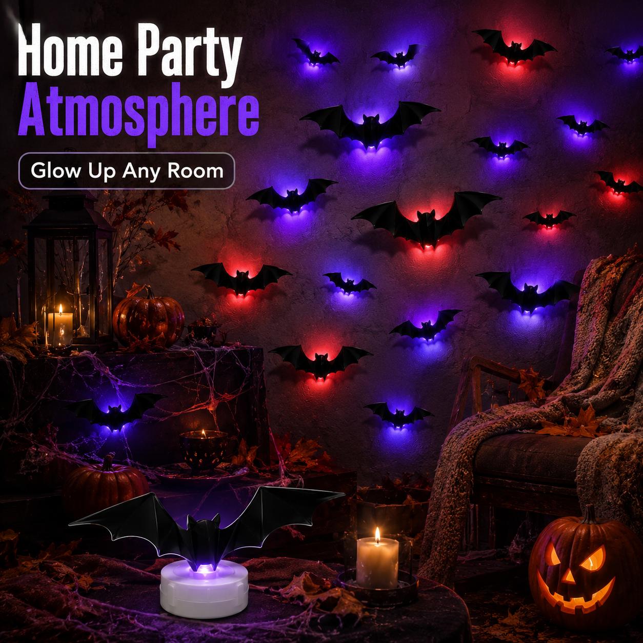 3D Bat Light LED Decorations, 12pcs/24pcs Halloween Spooky Ornaments, Bendable Wall Stickers with Smooth Bubble-Free Application, Easy Install Battery Powered Glowing Decor, Non-Remote Indoor Decor for Home, Party, Window, Door, Festival